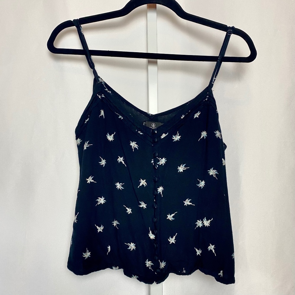 Volcom Womenʻs Black Spaghetti Strap Button Down Top w/ White Palm Trees Medium